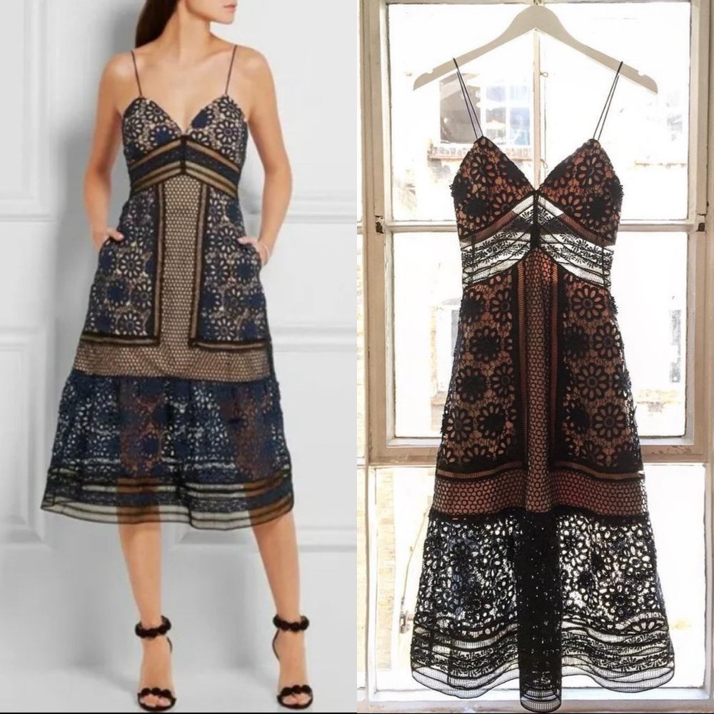 Self-Portrait Navy Guipure Floral Lace Overlay Strappy Midi Dress S
